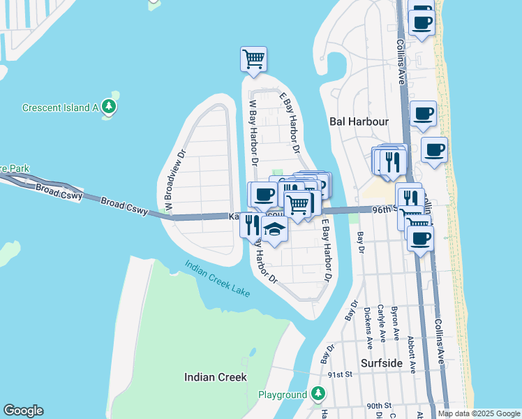 map of restaurants, bars, coffee shops, grocery stores, and more near 1177 Kane Concourse in Bay Harbor Islands