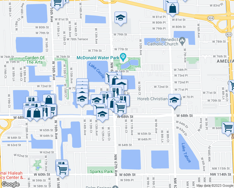 map of restaurants, bars, coffee shops, grocery stores, and more near 42 West 71st Street in Hialeah