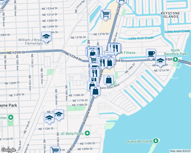 map of restaurants, bars, coffee shops, grocery stores, and more near 1190 Northeast 121st Street in North Miami