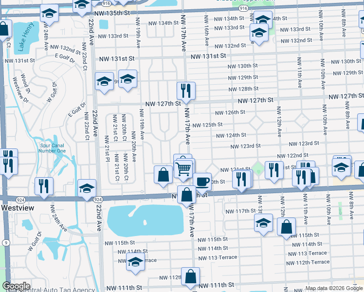 map of restaurants, bars, coffee shops, grocery stores, and more near 12315 Northwest 17th Court in Miami