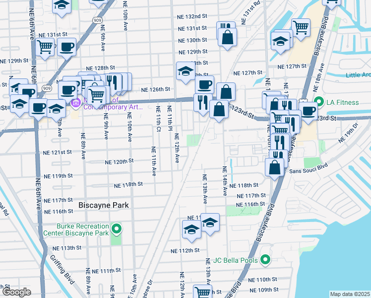 map of restaurants, bars, coffee shops, grocery stores, and more near 12020 Northeast 12th Court in Biscayne Park