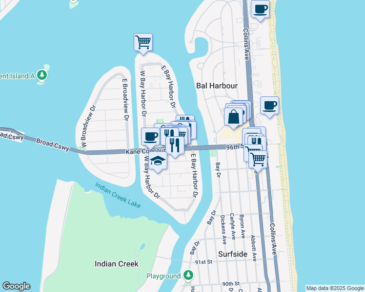 map of restaurants, bars, coffee shops, grocery stores, and more near 1027 Kane Concourse in Bay Harbor Islands