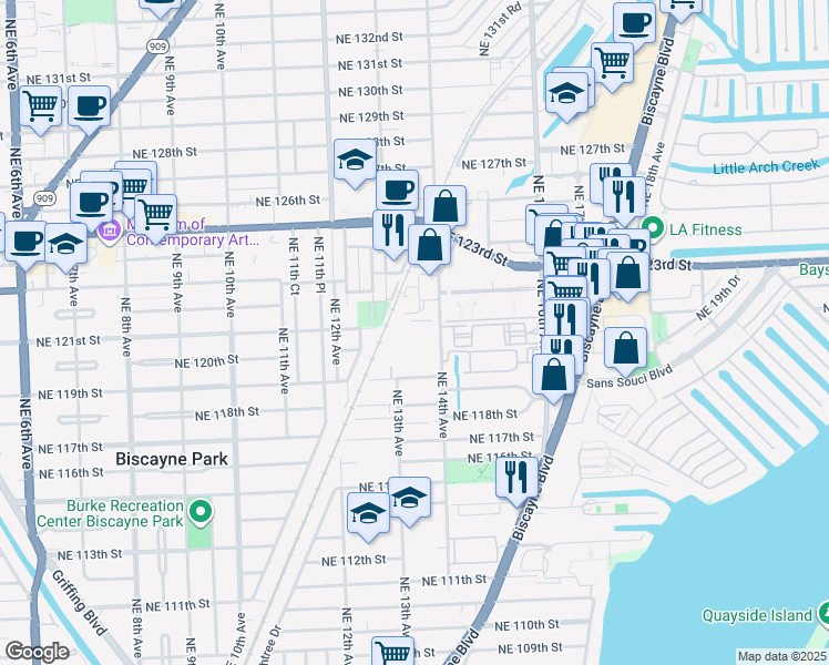 map of restaurants, bars, coffee shops, grocery stores, and more near 12050 Northeast 14th Avenue in North Miami