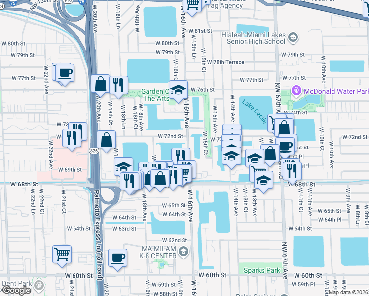 map of restaurants, bars, coffee shops, grocery stores, and more near 7090 West 16th Avenue in Hialeah