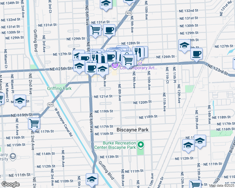 map of restaurants, bars, coffee shops, grocery stores, and more near 797 Northeast 121st Street in North Miami