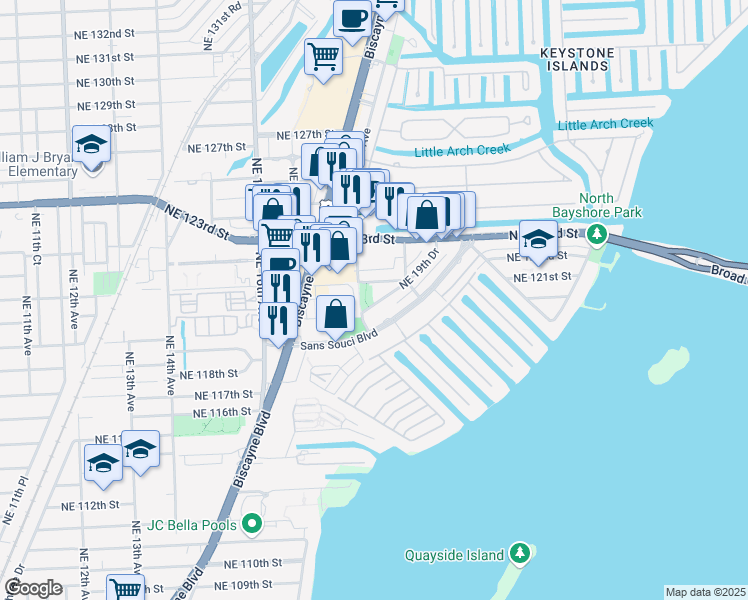 map of restaurants, bars, coffee shops, grocery stores, and more near 18 Northeast 19th Drive in North Miami