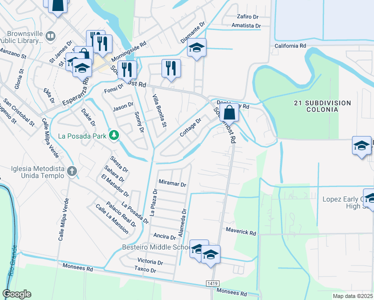 map of restaurants, bars, coffee shops, grocery stores, and more near 2631 Cottage Drive in Brownsville