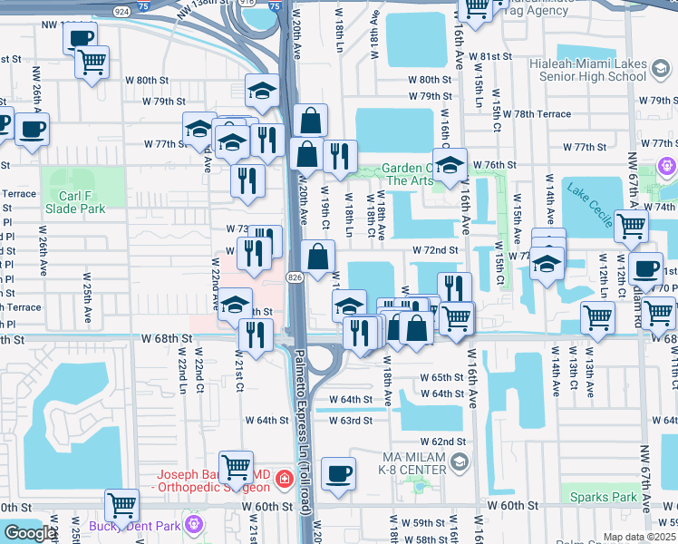 map of restaurants, bars, coffee shops, grocery stores, and more near 7105 West 19th Court in Hialeah