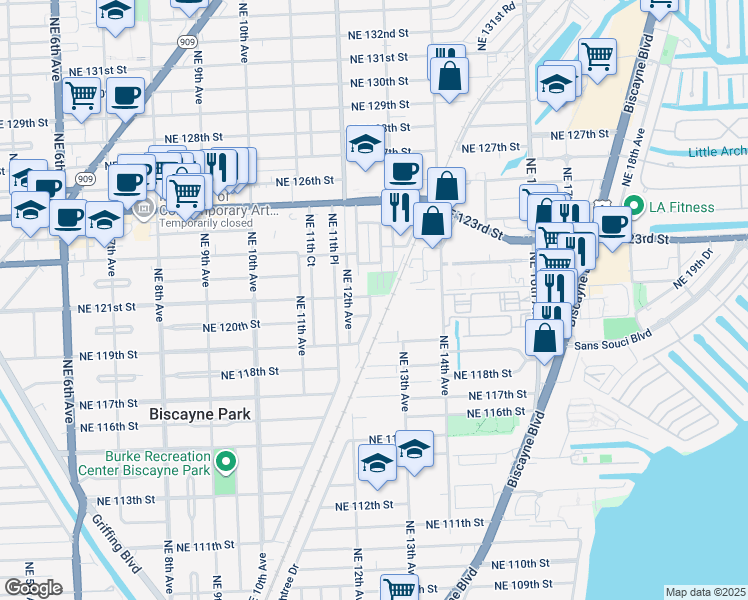 map of restaurants, bars, coffee shops, grocery stores, and more near 12020 Northeast 12th Court in Biscayne Park