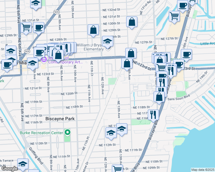 map of restaurants, bars, coffee shops, grocery stores, and more near 12020 Northeast 12th Court in Biscayne Park