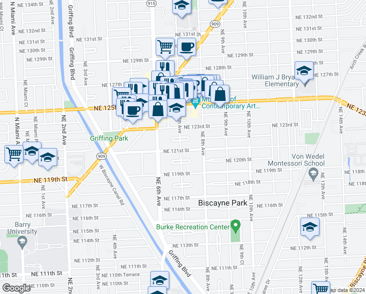 map of restaurants, bars, coffee shops, grocery stores, and more near 721 Northeast 121st Street in North Miami