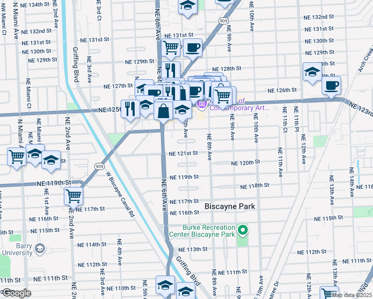 map of restaurants, bars, coffee shops, grocery stores, and more near 721 Northeast 121st Street in North Miami