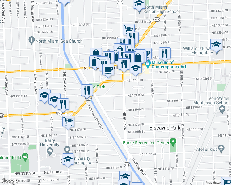 map of restaurants, bars, coffee shops, grocery stores, and more near 579 Northeast 121st Street in North Miami