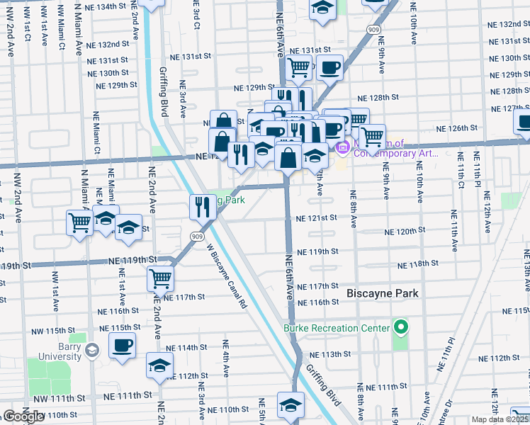 map of restaurants, bars, coffee shops, grocery stores, and more near 579 Northeast 121st Street in North Miami