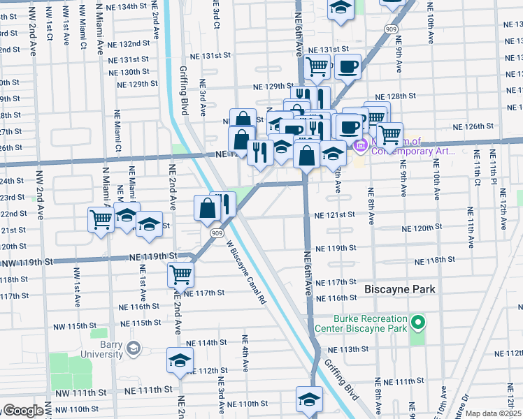 map of restaurants, bars, coffee shops, grocery stores, and more near in North Miami
