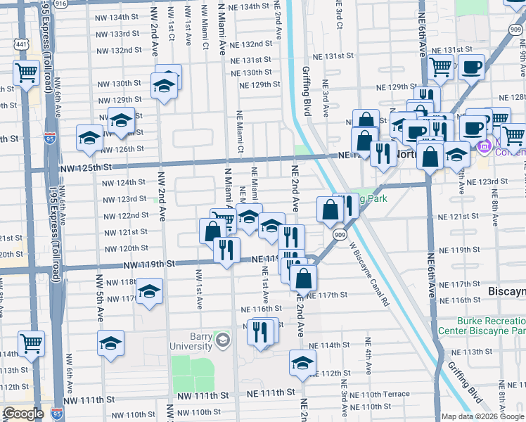 map of restaurants, bars, coffee shops, grocery stores, and more near 135 Northeast 121st Terrace in North Miami