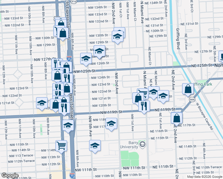 map of restaurants, bars, coffee shops, grocery stores, and more near 305 Northwest 122nd Street in North Miami