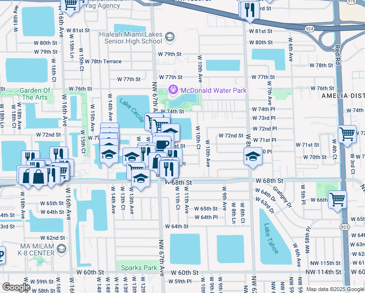map of restaurants, bars, coffee shops, grocery stores, and more near 1116 West 71st Street in Hialeah