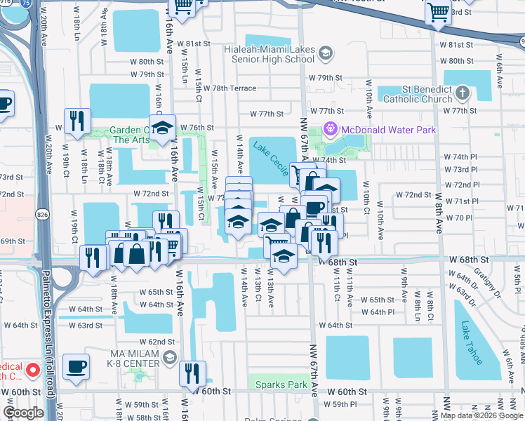 map of restaurants, bars, coffee shops, grocery stores, and more near 7129 West 13th Avenue in Hialeah