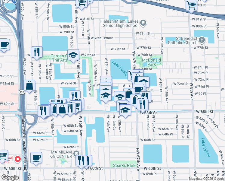 map of restaurants, bars, coffee shops, grocery stores, and more near 7091 West 14th Court in Hialeah