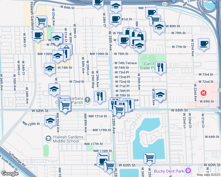 map of restaurants, bars, coffee shops, grocery stores, and more near 2833 West 71st Street in Hialeah