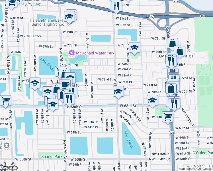 map of restaurants, bars, coffee shops, grocery stores, and more near 864 West 71st Street in Hialeah