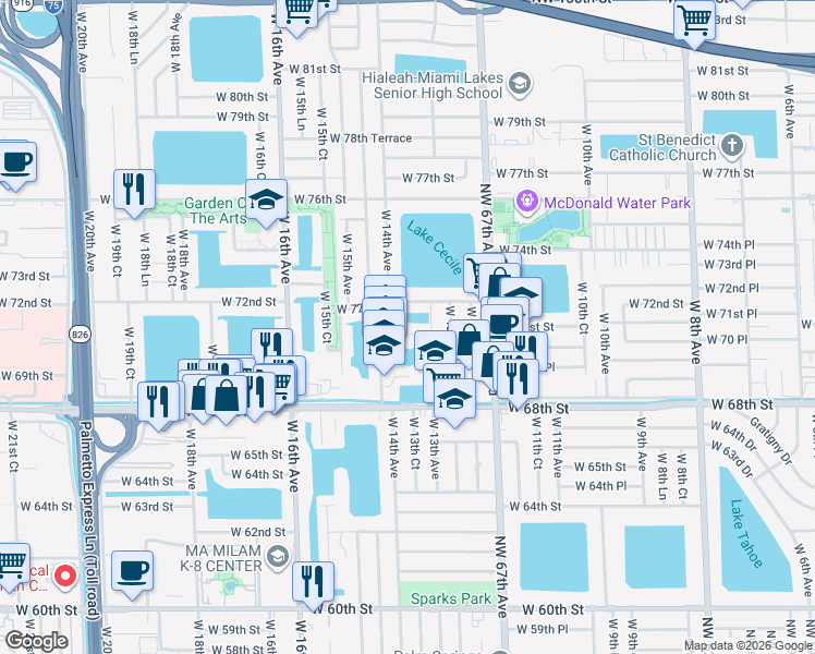 map of restaurants, bars, coffee shops, grocery stores, and more near 7091 West 14th Court in Hialeah
