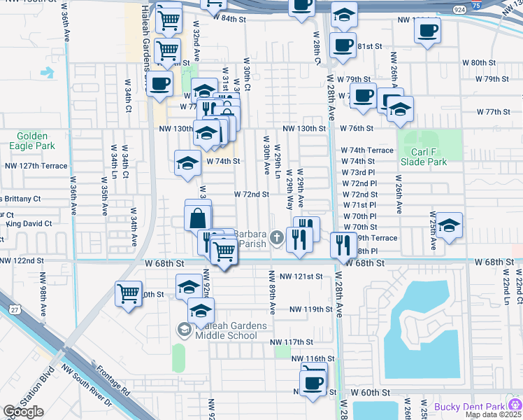 map of restaurants, bars, coffee shops, grocery stores, and more near 7109 West 30th Court in Hialeah