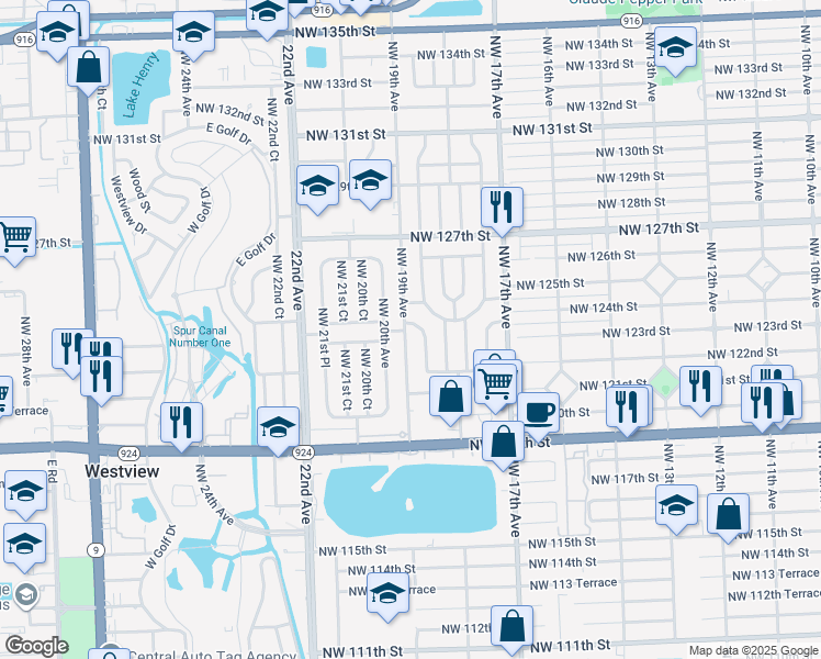 map of restaurants, bars, coffee shops, grocery stores, and more near 12325 Northwest 19th Avenue in Miami