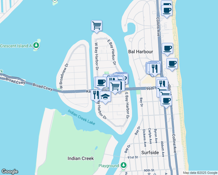 map of restaurants, bars, coffee shops, grocery stores, and more near in Bay Harbor Islands