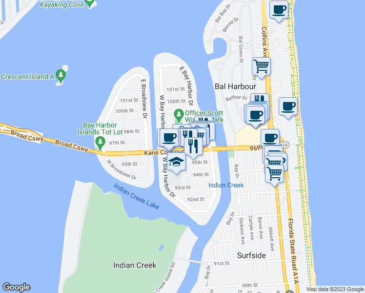 map of restaurants, bars, coffee shops, grocery stores, and more near 1111 Kane Concourse in Bay Harbor Islands