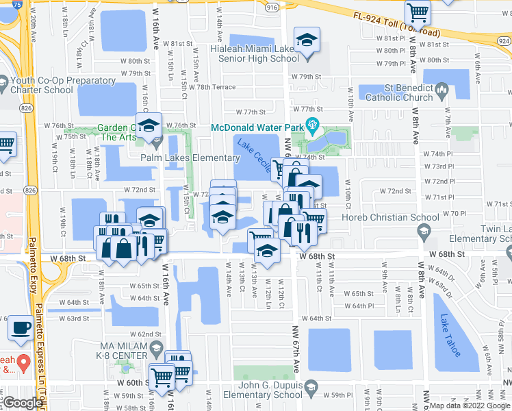 map of restaurants, bars, coffee shops, grocery stores, and more near 7129 West 13th Avenue in Hialeah