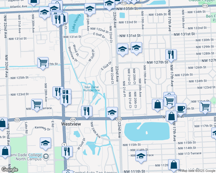 map of restaurants, bars, coffee shops, grocery stores, and more near 12331 Northwest 23rd Avenue in Miami