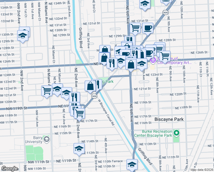 map of restaurants, bars, coffee shops, grocery stores, and more near 12101 Griffing Boulevard in North Miami