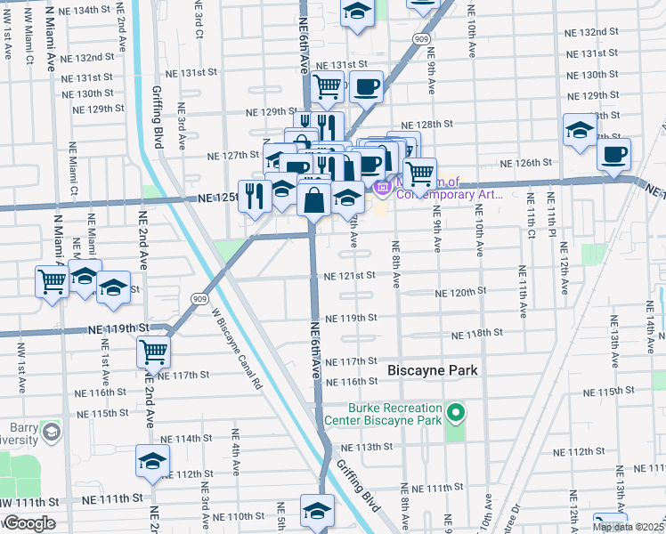 map of restaurants, bars, coffee shops, grocery stores, and more near 645 Northeast 121st Street in North Miami