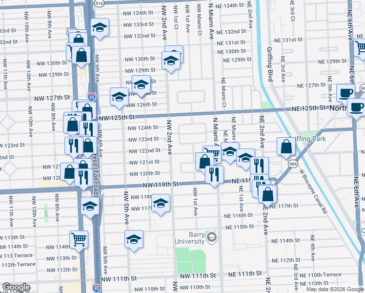 map of restaurants, bars, coffee shops, grocery stores, and more near 170 Northwest 122nd Street in North Miami