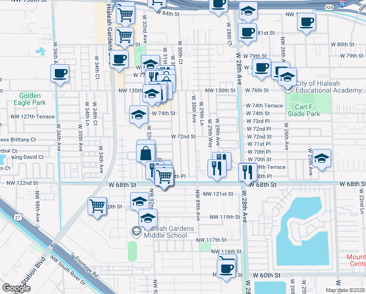 map of restaurants, bars, coffee shops, grocery stores, and more near 7109 West 30th Court in Hialeah