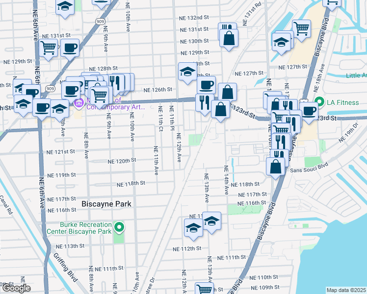 map of restaurants, bars, coffee shops, grocery stores, and more near 12020 Northeast 12th Court in Biscayne Park