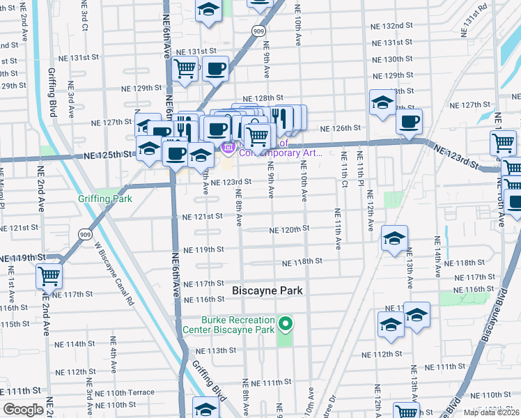 map of restaurants, bars, coffee shops, grocery stores, and more near 849 Northeast 121st Street in North Miami