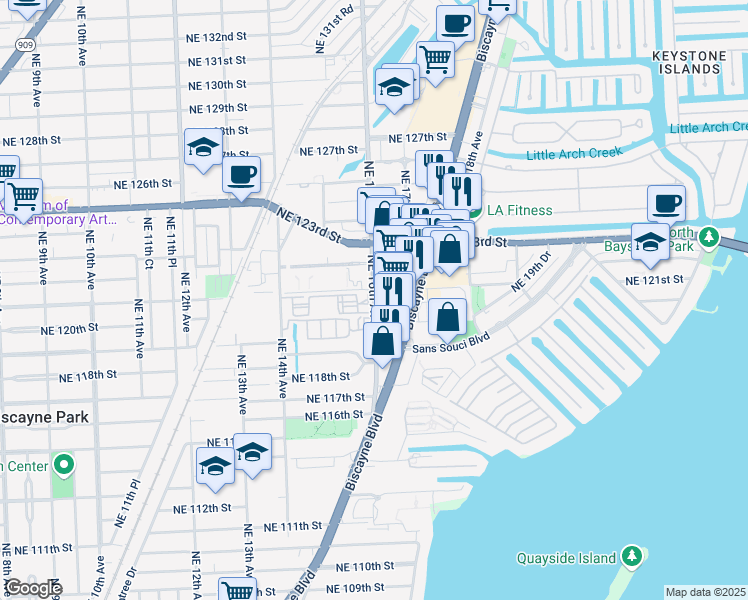 map of restaurants, bars, coffee shops, grocery stores, and more near 12040 Northeast 16th Avenue in Miami