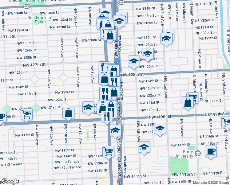 map of restaurants, bars, coffee shops, grocery stores, and more near 650 Northwest 123rd Street in North Miami