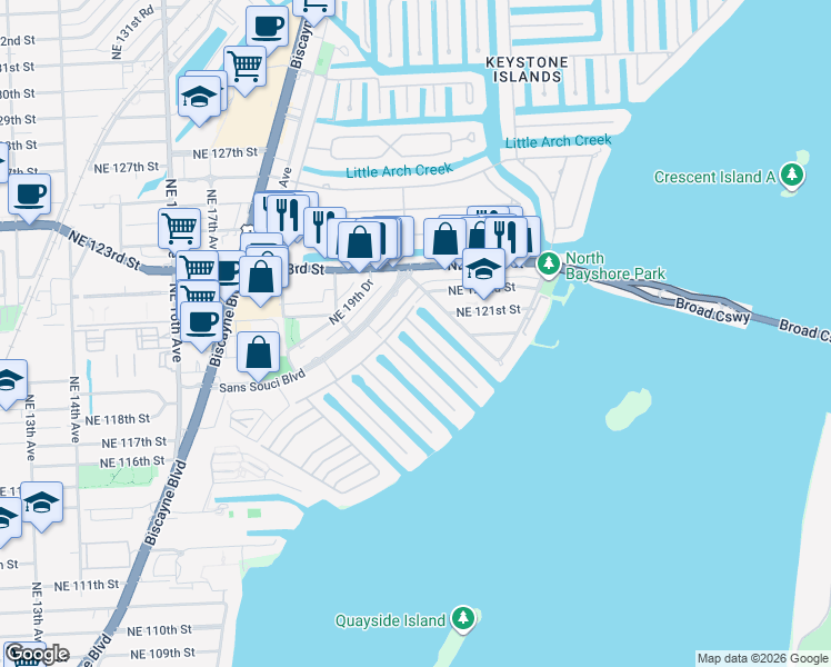 map of restaurants, bars, coffee shops, grocery stores, and more near 2010 Northeast 121st Road in North Miami