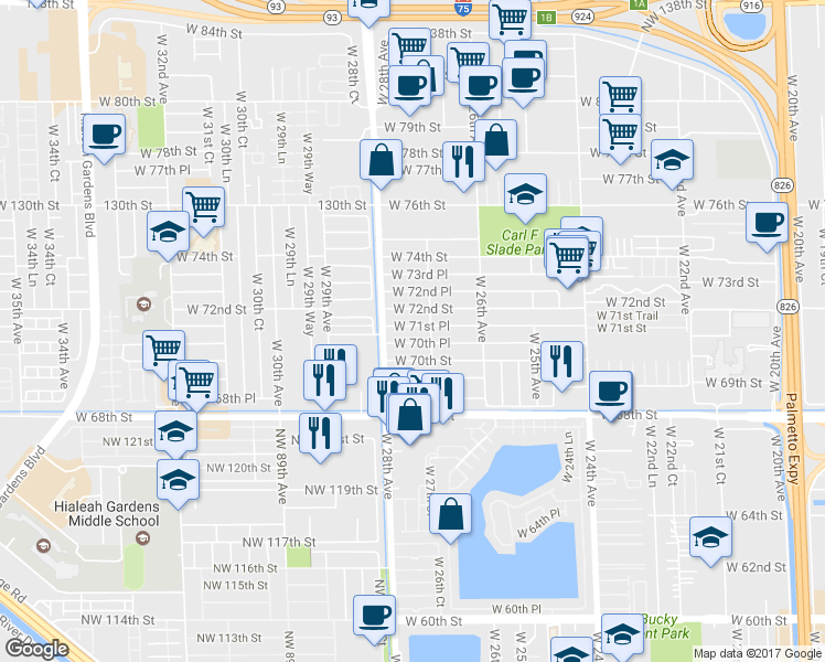 map of restaurants, bars, coffee shops, grocery stores, and more near 2744 West 71st Place in Hialeah