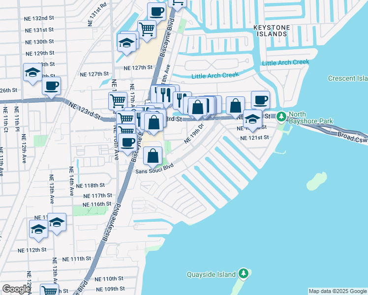 map of restaurants, bars, coffee shops, grocery stores, and more near 23 Northeast 19th Drive in North Miami