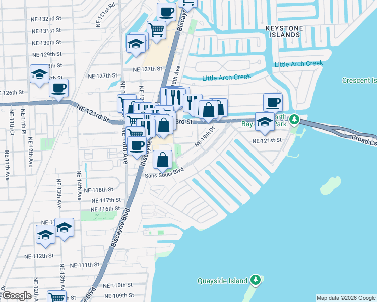 map of restaurants, bars, coffee shops, grocery stores, and more near 18 Northeast 19th Drive in North Miami