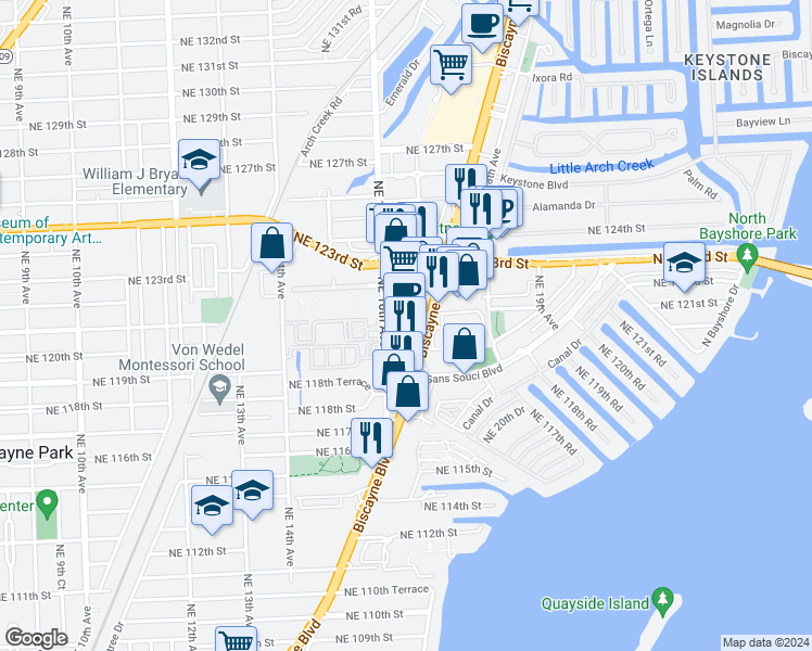 map of restaurants, bars, coffee shops, grocery stores, and more near 12040 Northeast 16th Avenue in Miami