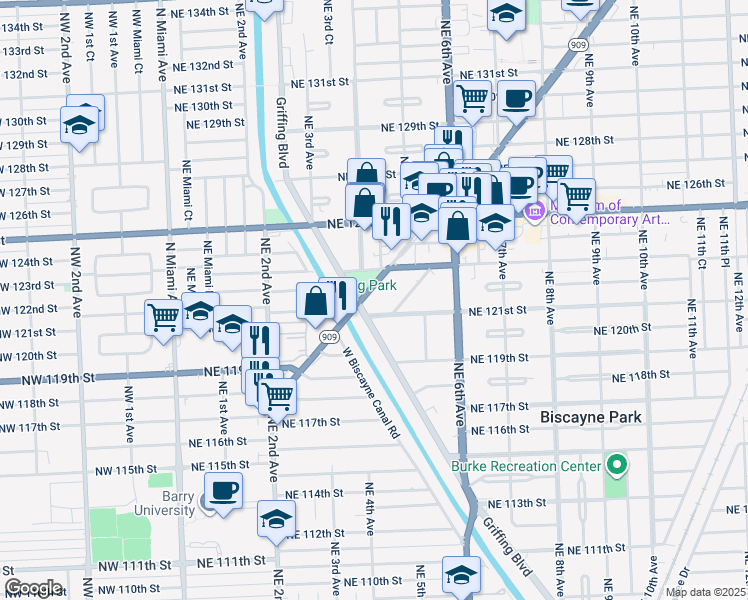 map of restaurants, bars, coffee shops, grocery stores, and more near 12101 Griffing Boulevard in North Miami