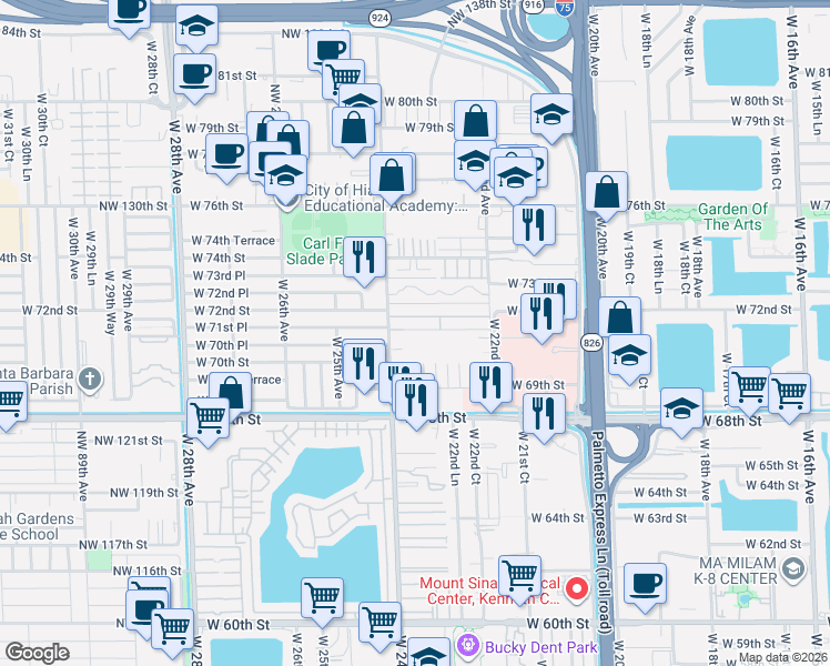map of restaurants, bars, coffee shops, grocery stores, and more near 12 West 71st Street in Hialeah
