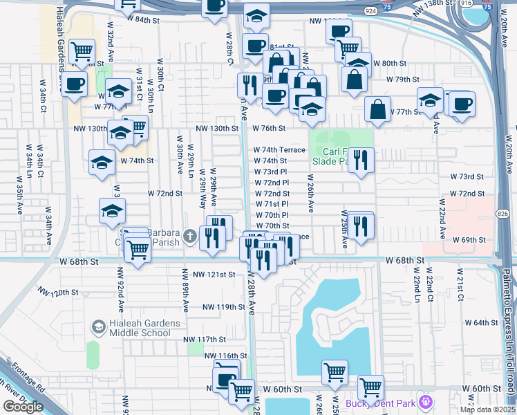 map of restaurants, bars, coffee shops, grocery stores, and more near 2744 West 71st Place in Hialeah