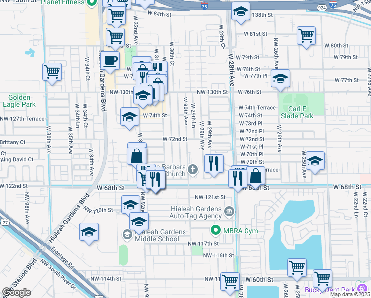 map of restaurants, bars, coffee shops, grocery stores, and more near 7109 West 30th Court in Hialeah